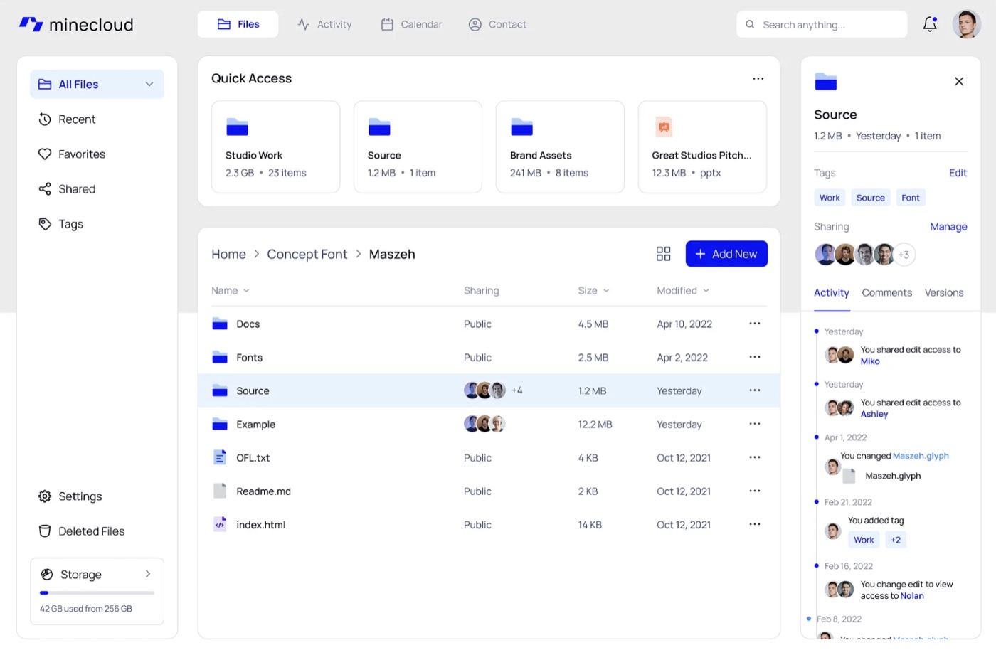 Cloud workspace platform with file storage, sharing, and activity log