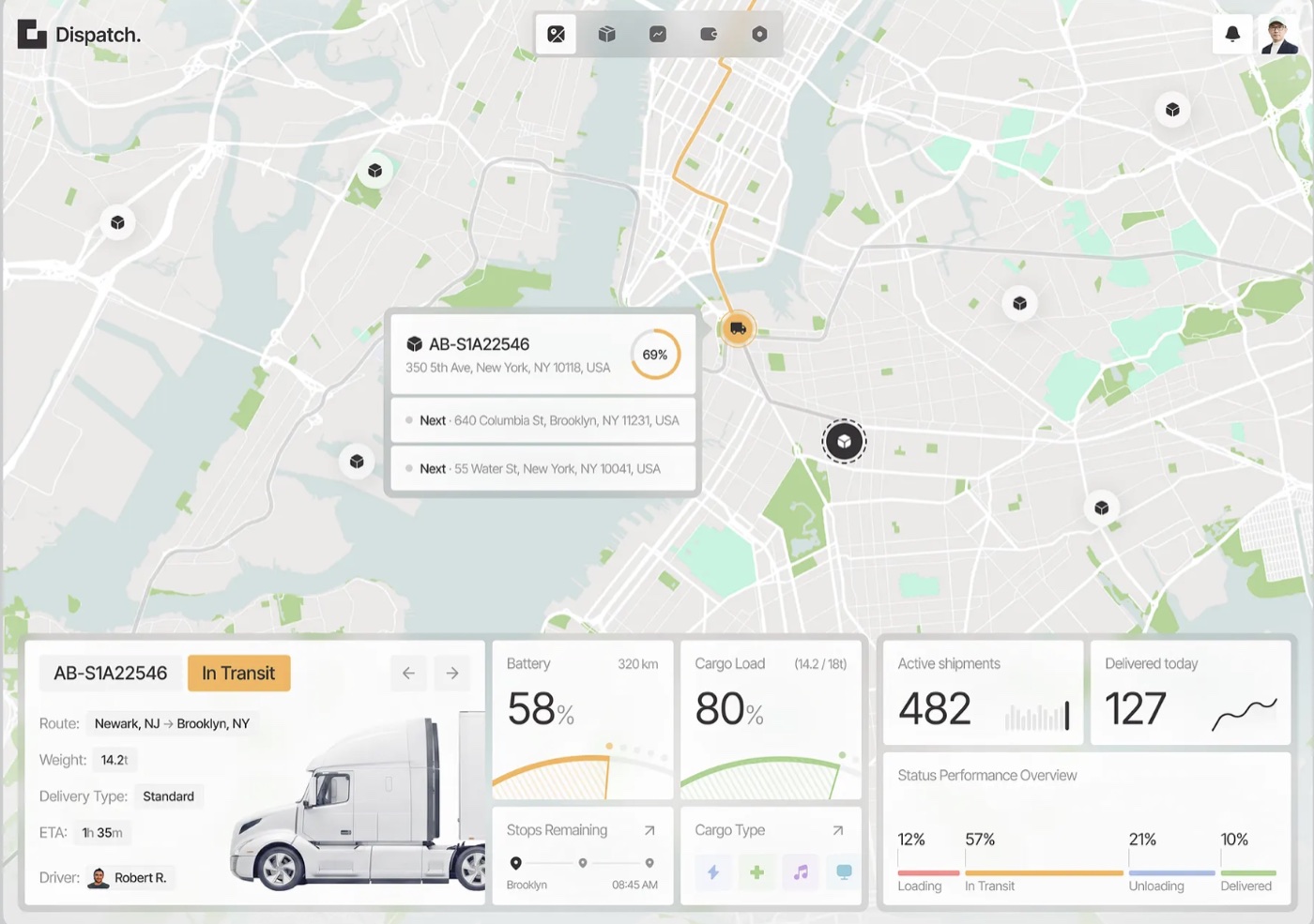 Dispatch operations platform with live map, shipment tracking, and fleet status